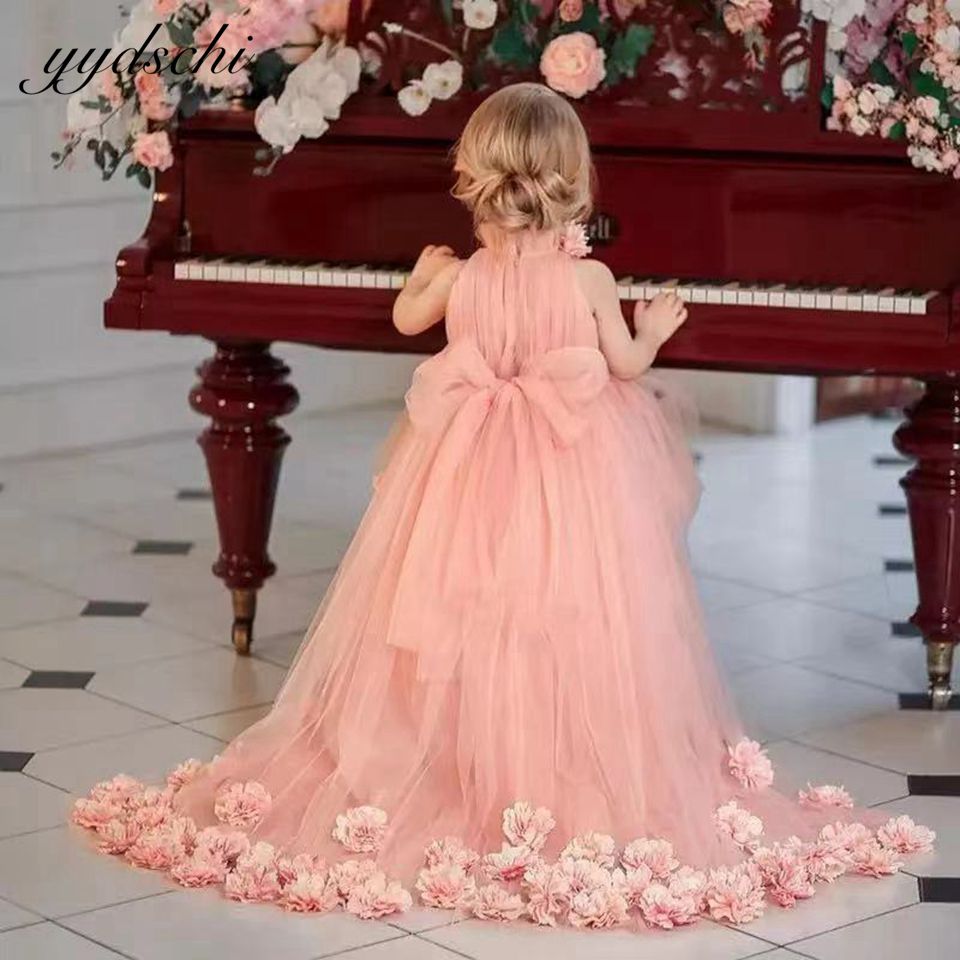 핑크 a-라인 바닥 길이 꽃소녀 드레스, 결혼식 민소매 얇은 명주 그물 3D 꽃 아플리케 생일 파티 드레스 2022